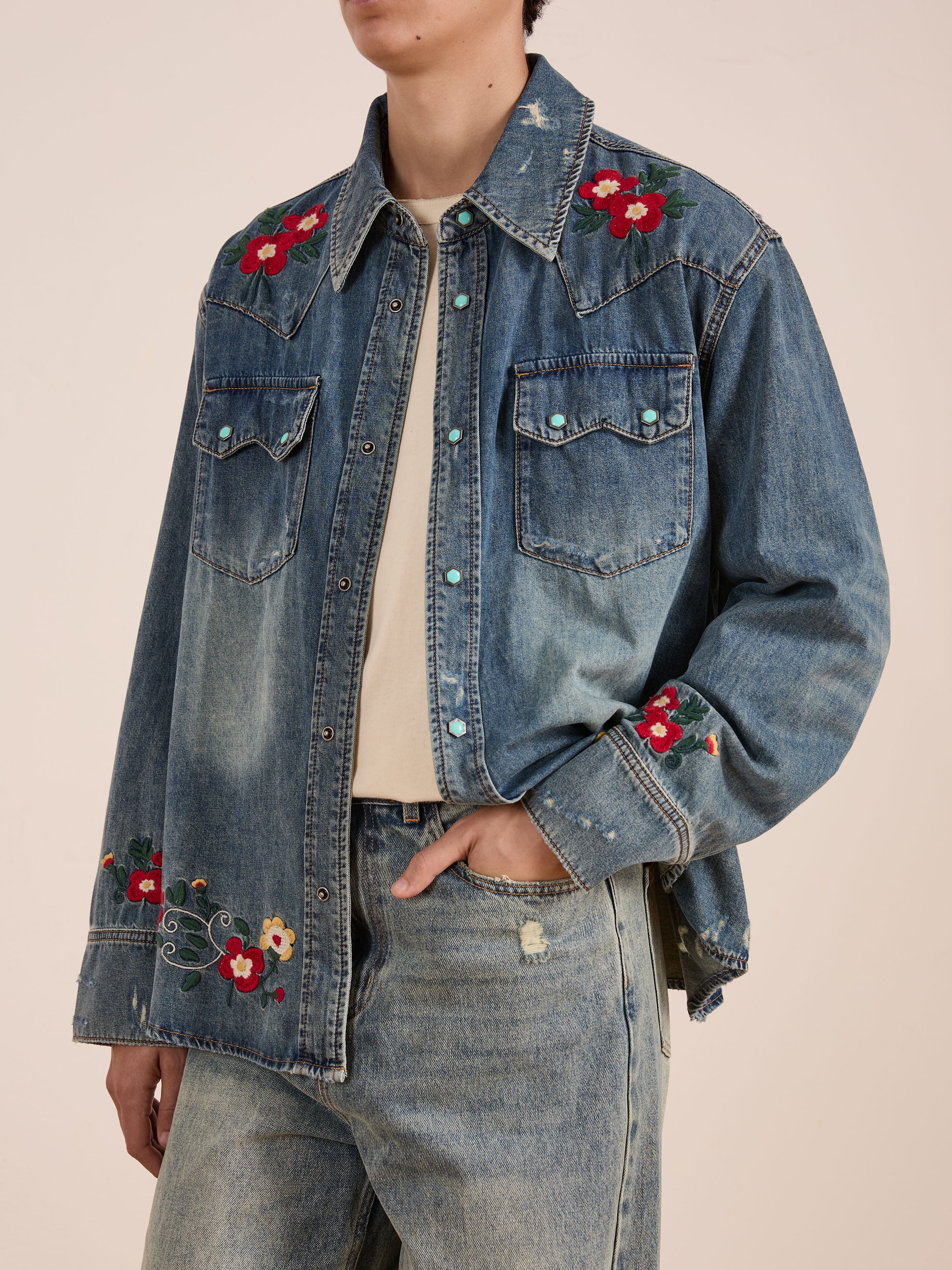 Floral Embroidered Western Denim Shirt - Image 4