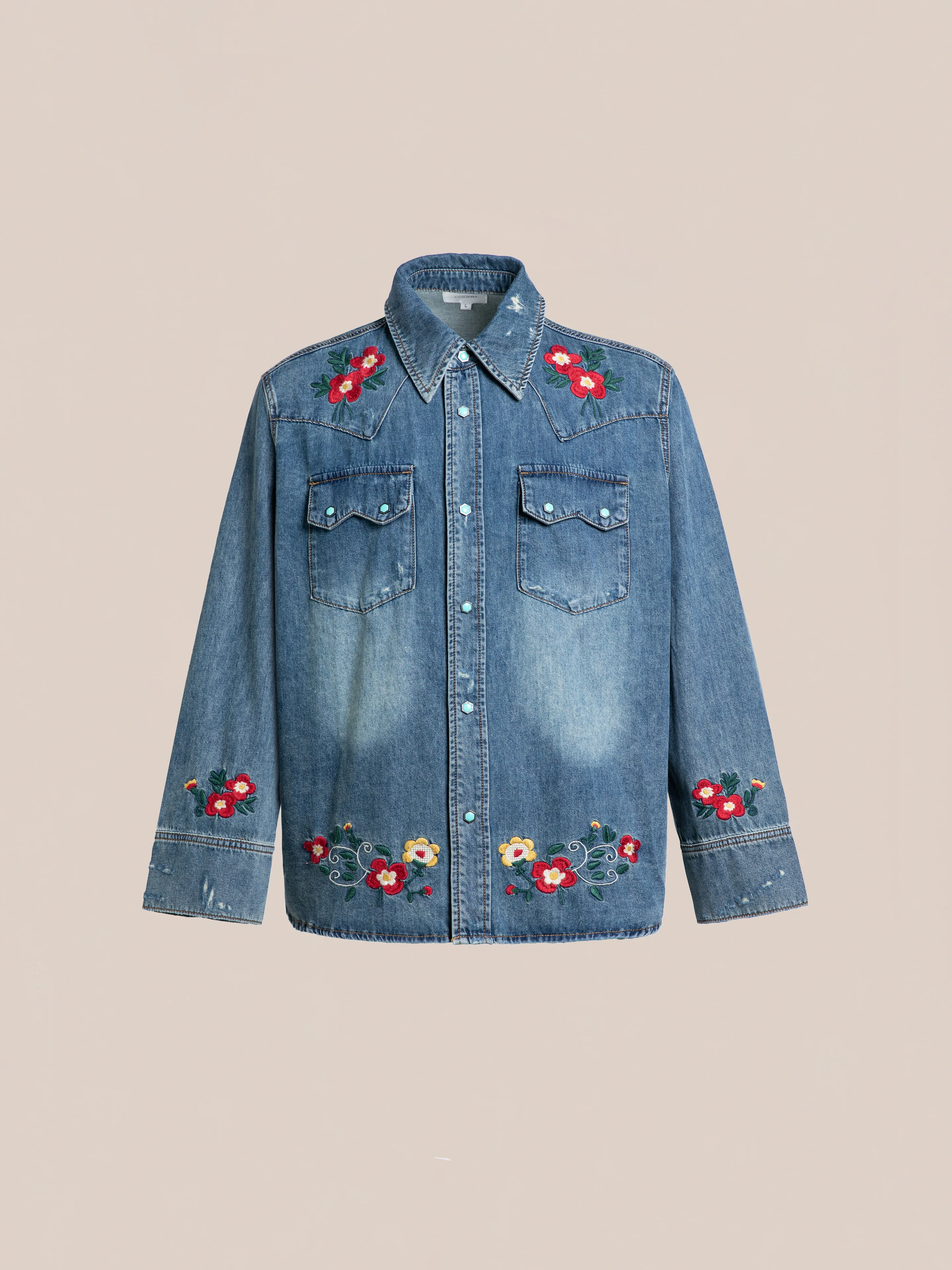 Floral Embroidered Western Denim Shirt - Image 6