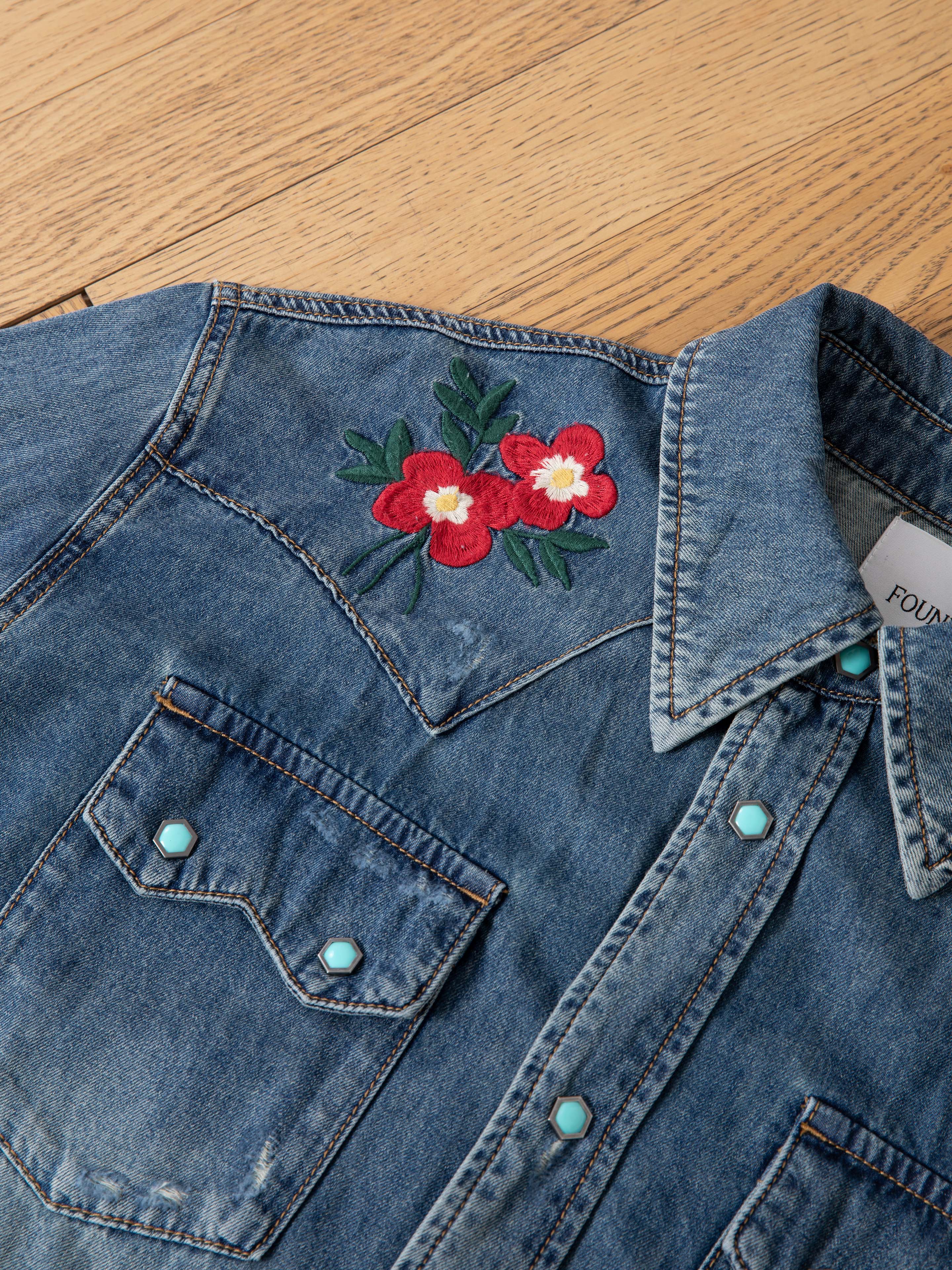 Floral Embroidered Western Denim Shirt - Image 7