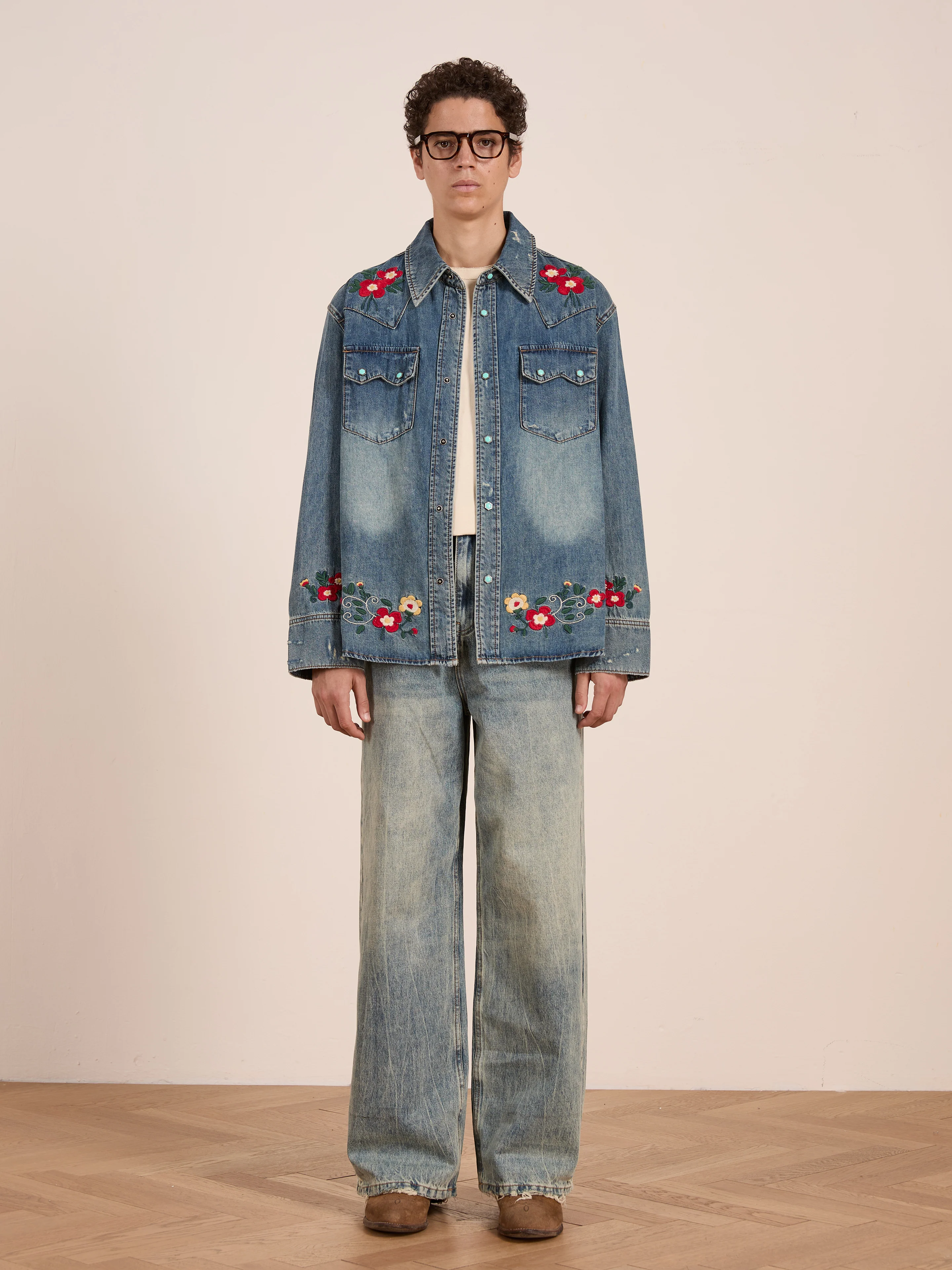 Floral Embroidered Western Denim Shirt - Image 8