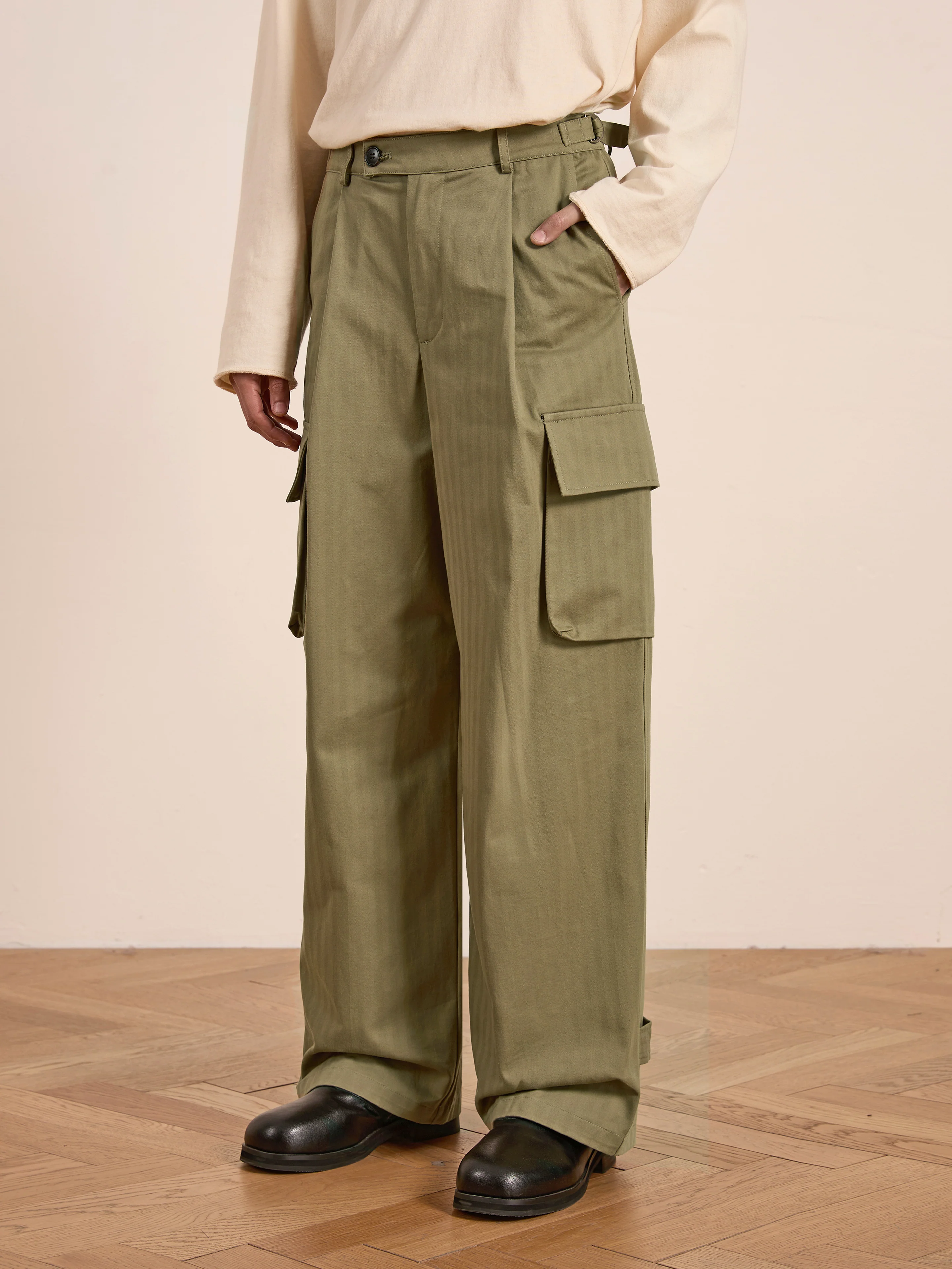 Hava Herringbone Pleated Cargo Trousers - Image 3