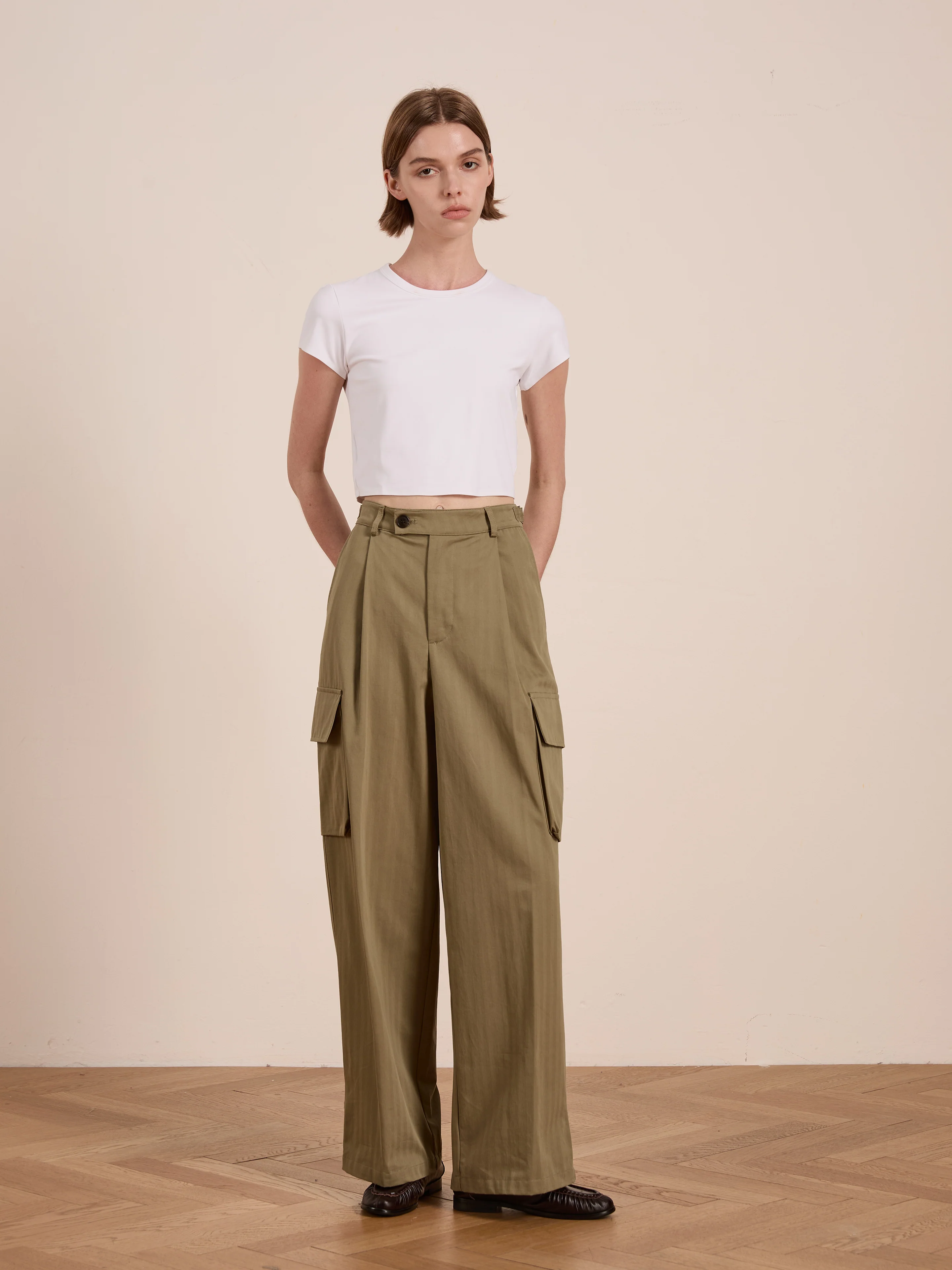 Hava Herringbone Pleated Cargo Trousers - Image 7