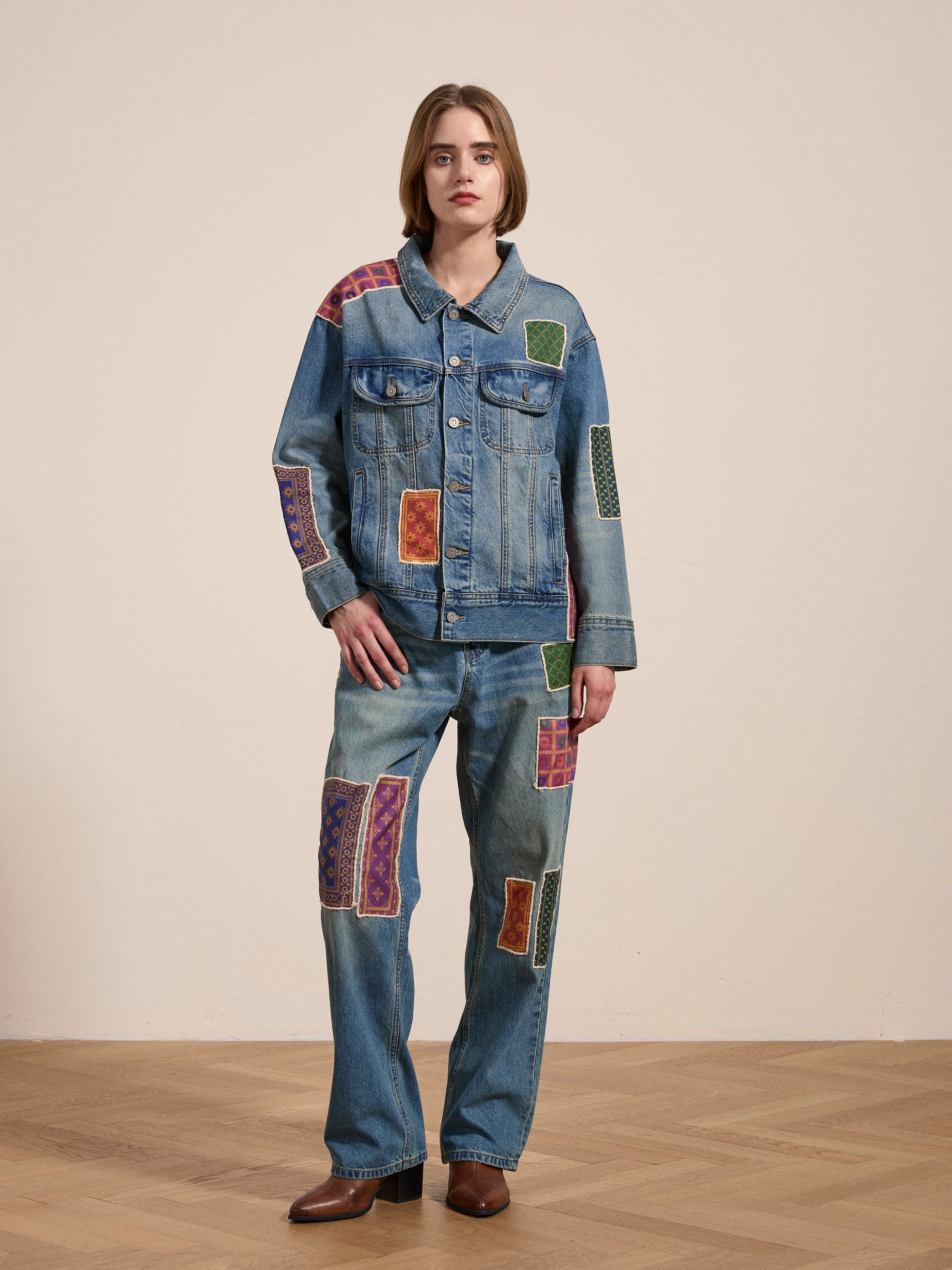 Kantha Patchwork Denim Trucker Jacket - Image 9