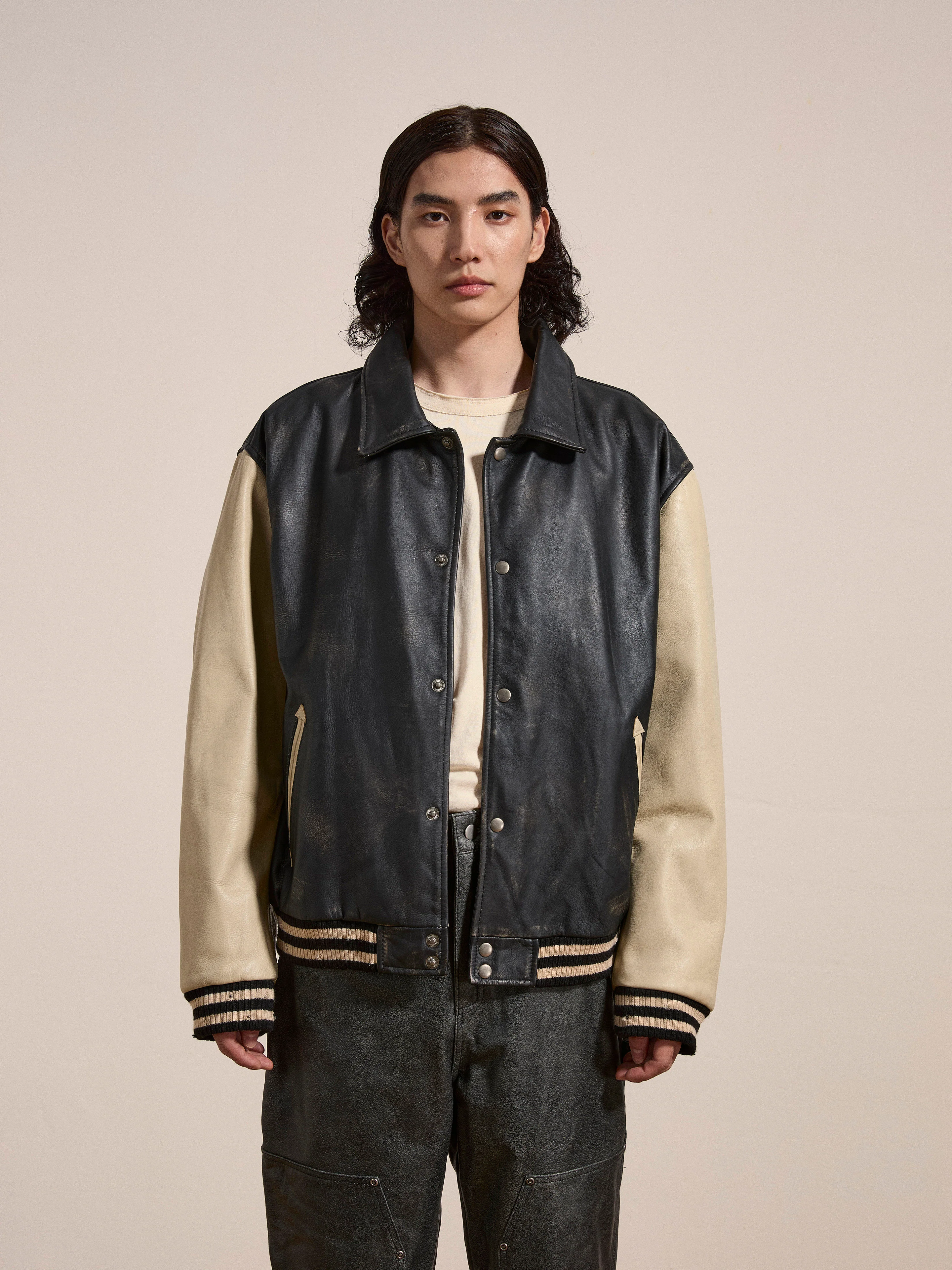 Logan Distressed Leather Varsity Jacket - Image 10