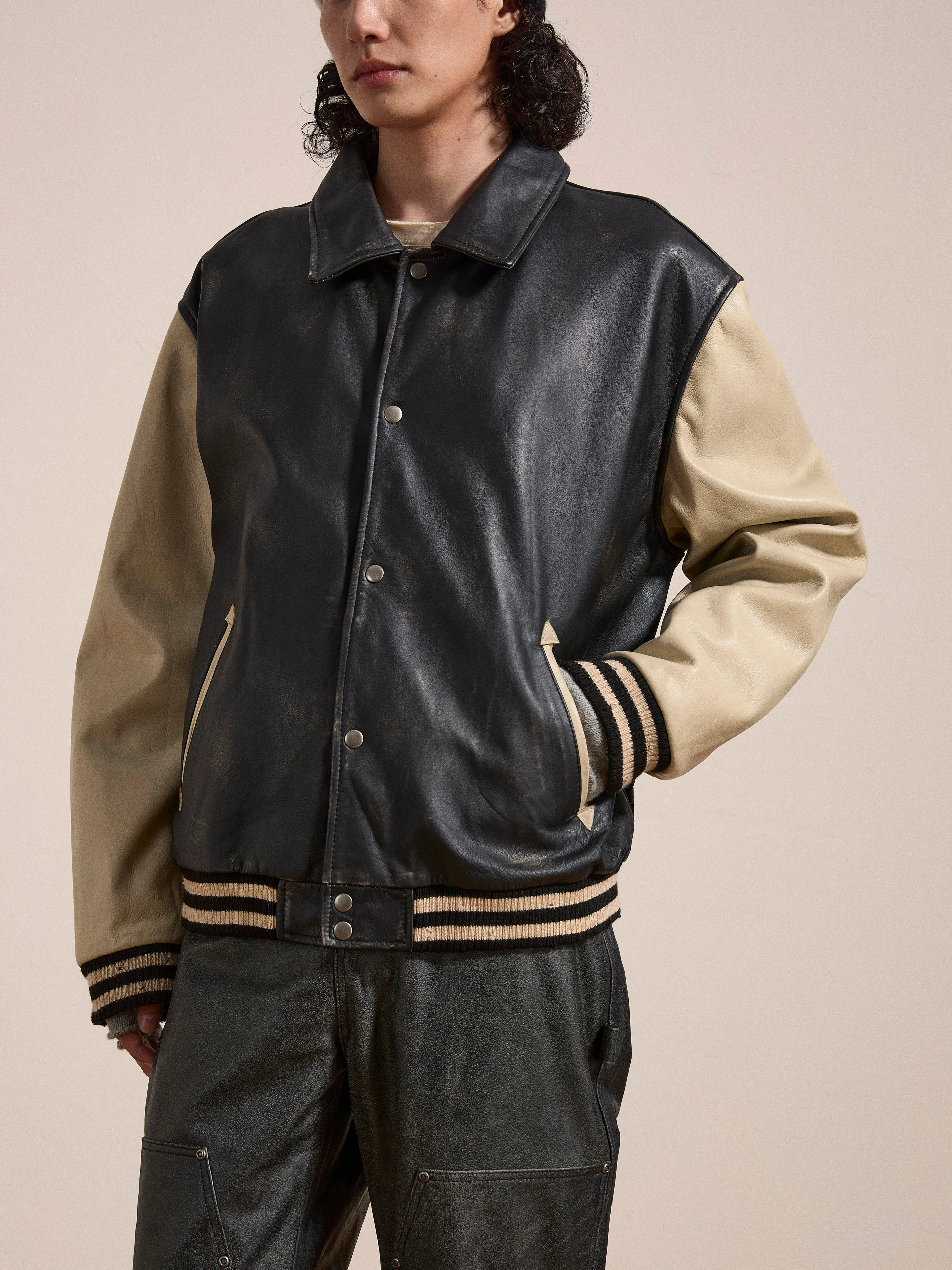 Logan Distressed Leather Varsity Jacket - Image 4