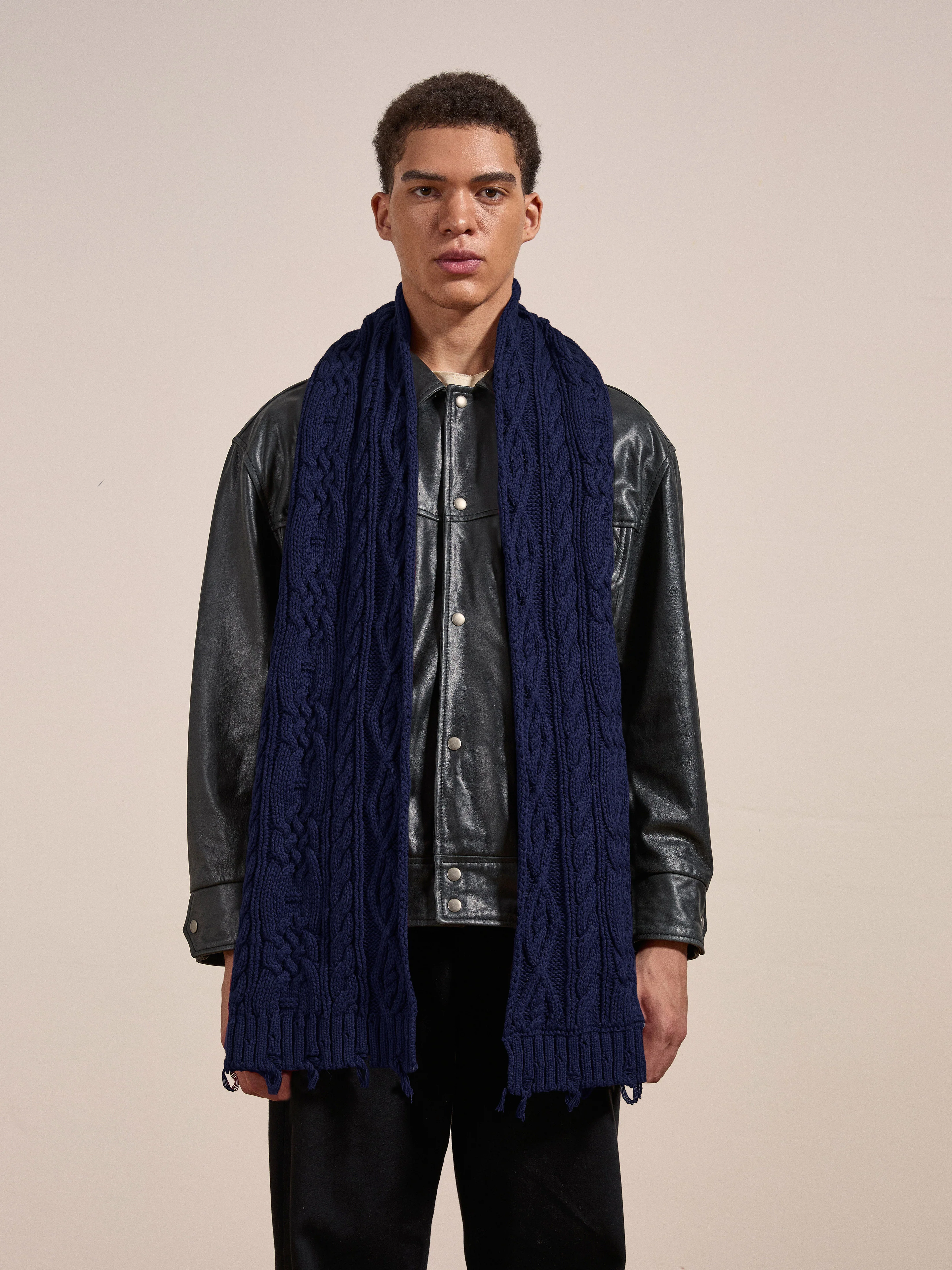 Navy Distressed Cable Knit Scarf - Image 5