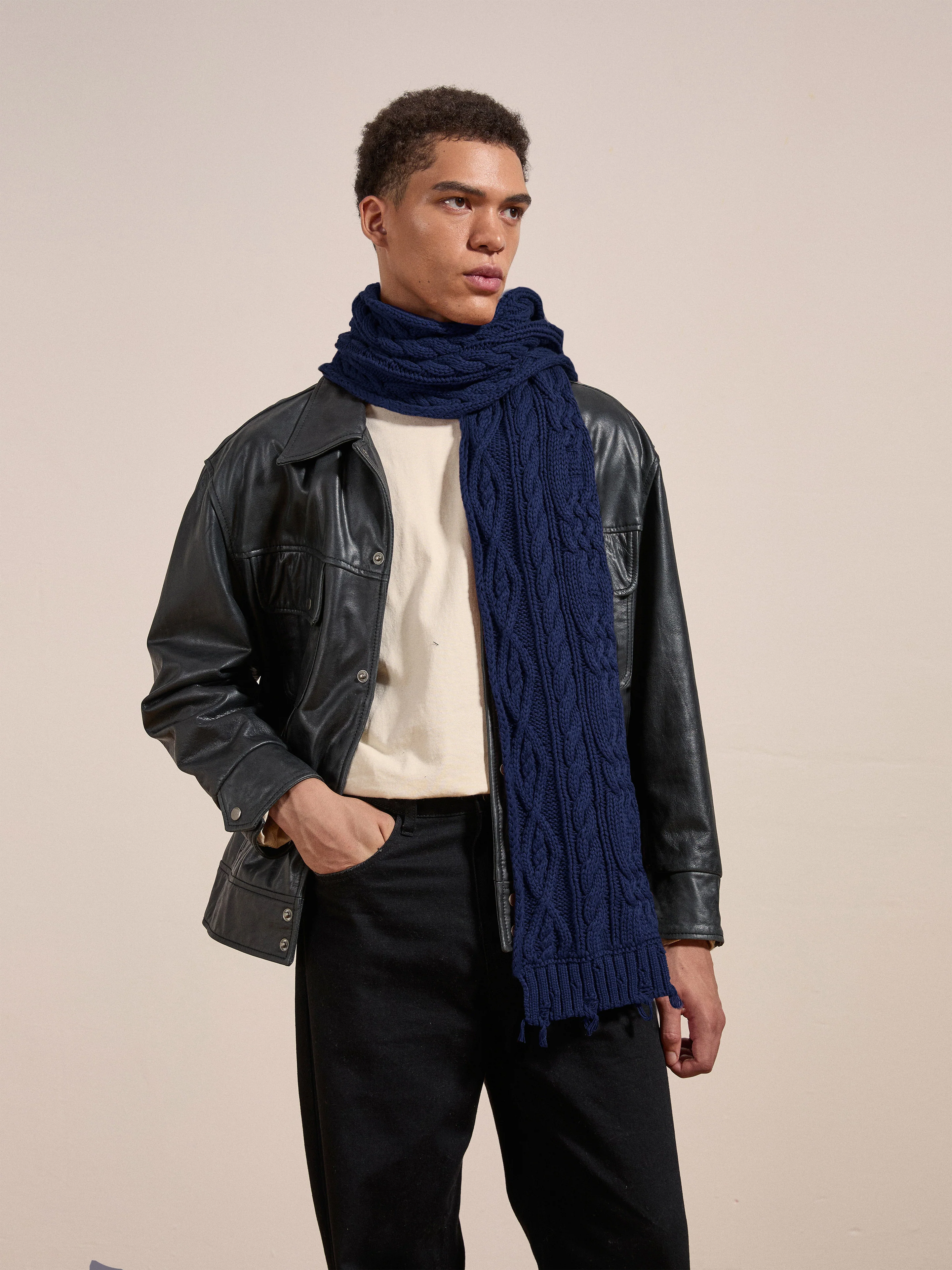 Navy Distressed Cable Knit Scarf - Image 6