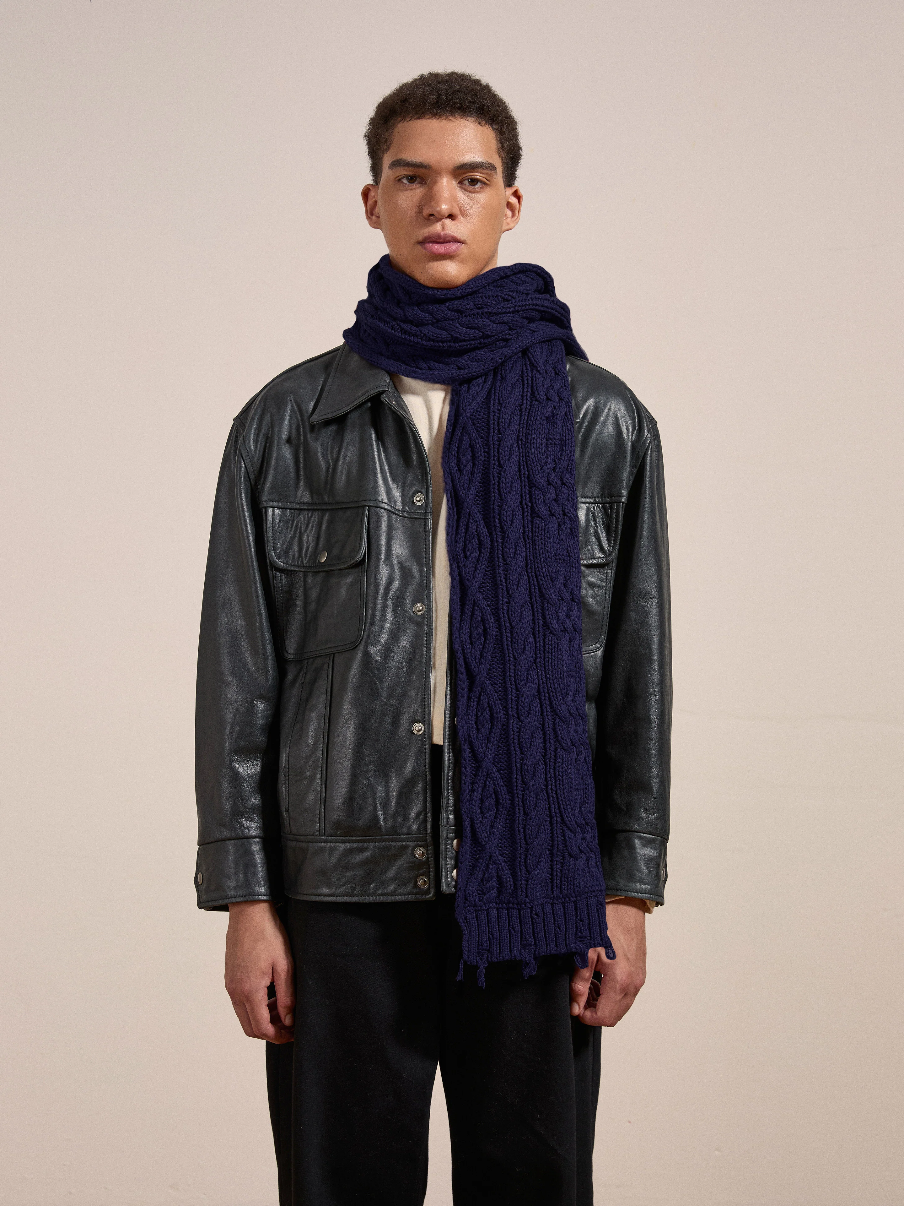 Navy Distressed Cable Knit Scarf - Image 7