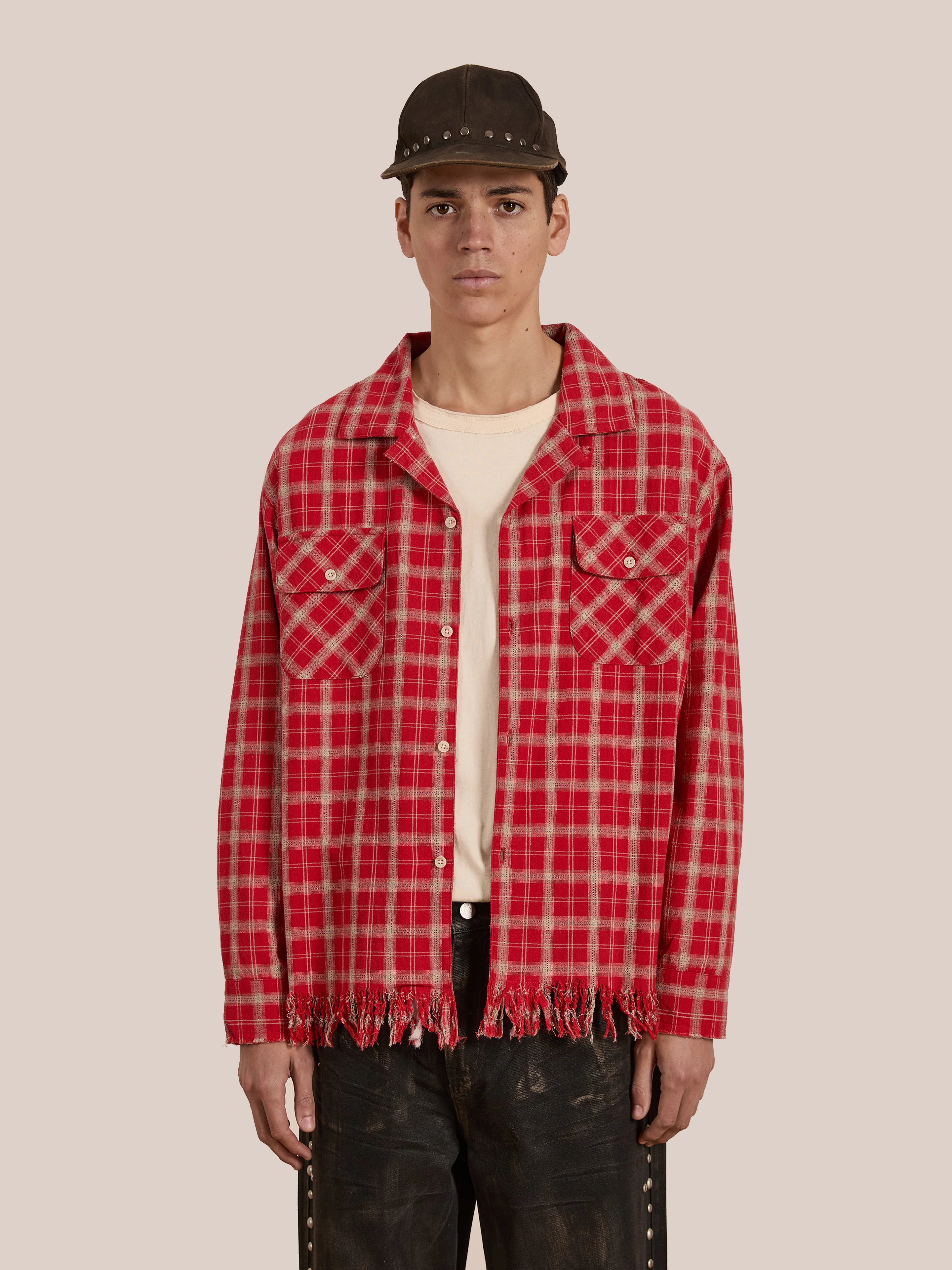 Raw Cut Fringe Plaid Camp Shirt