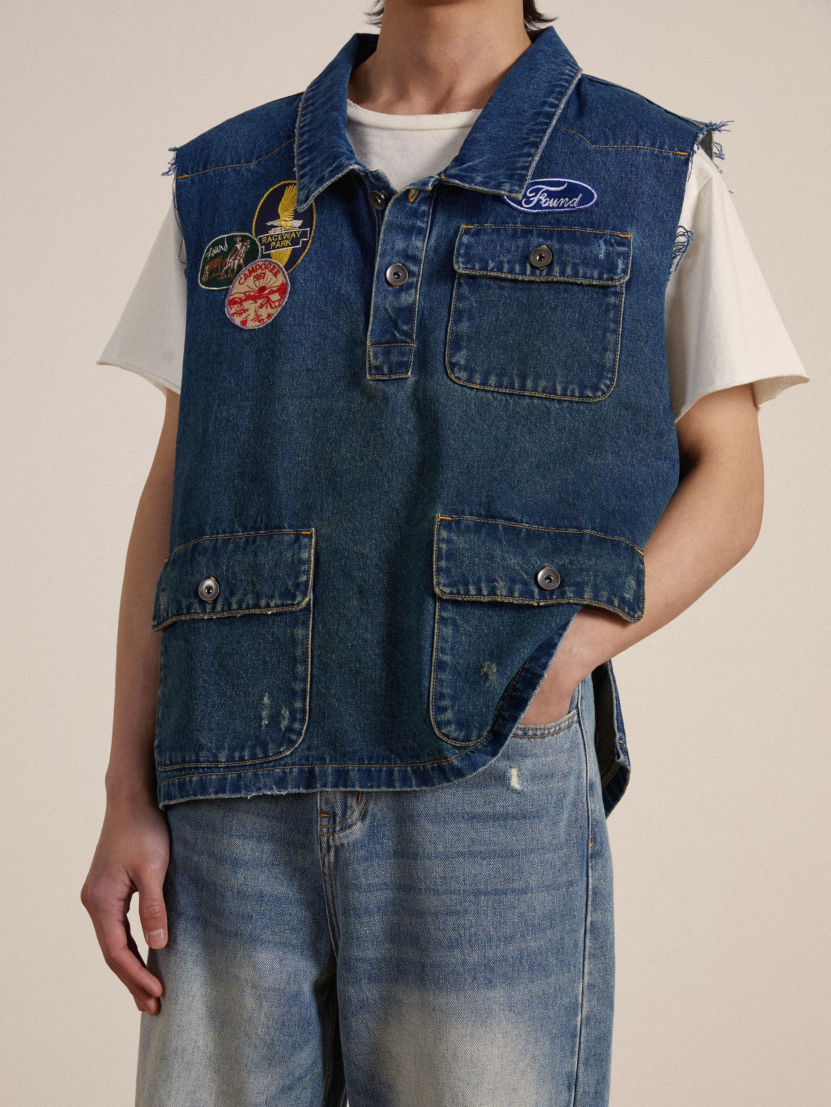 Raw Cut Patch Mechanic Denim Vest - Image 4
