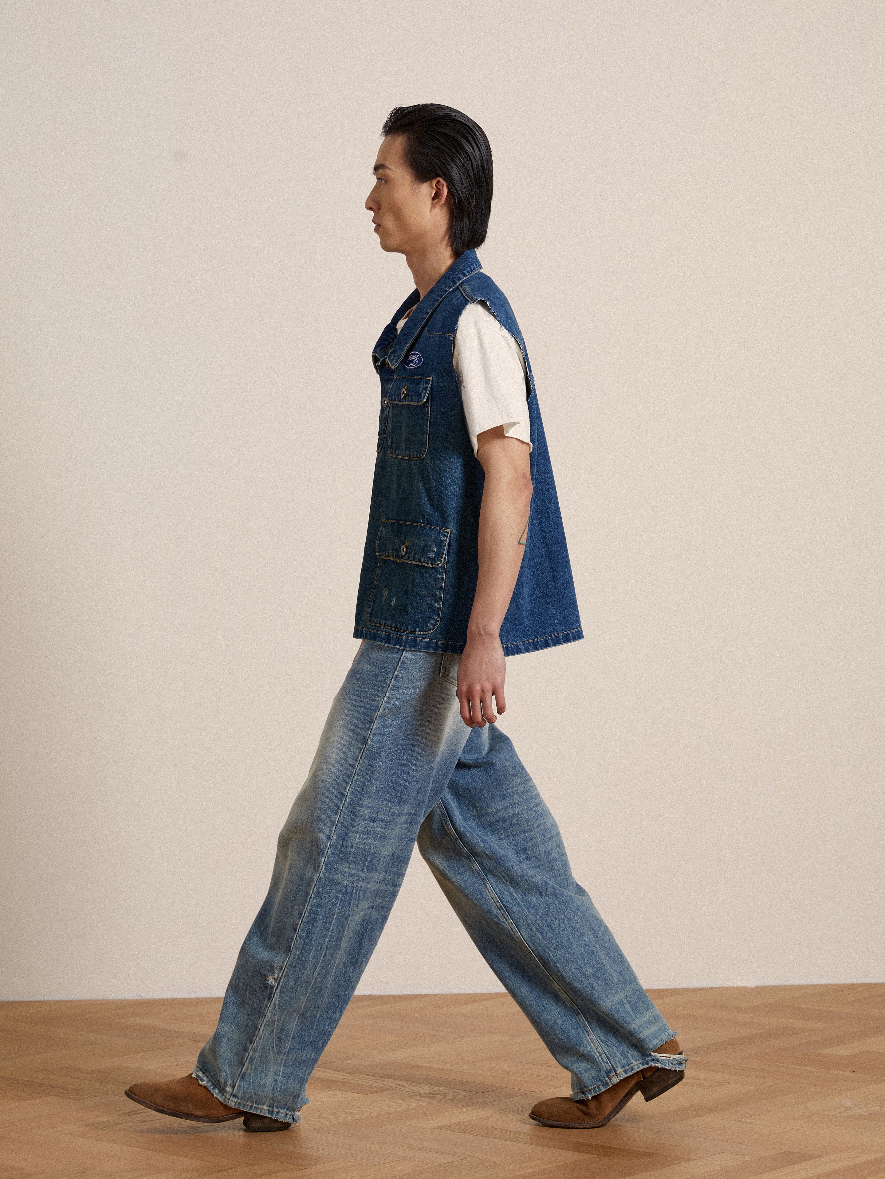 Raw Cut Patch Mechanic Denim Vest - Image 9