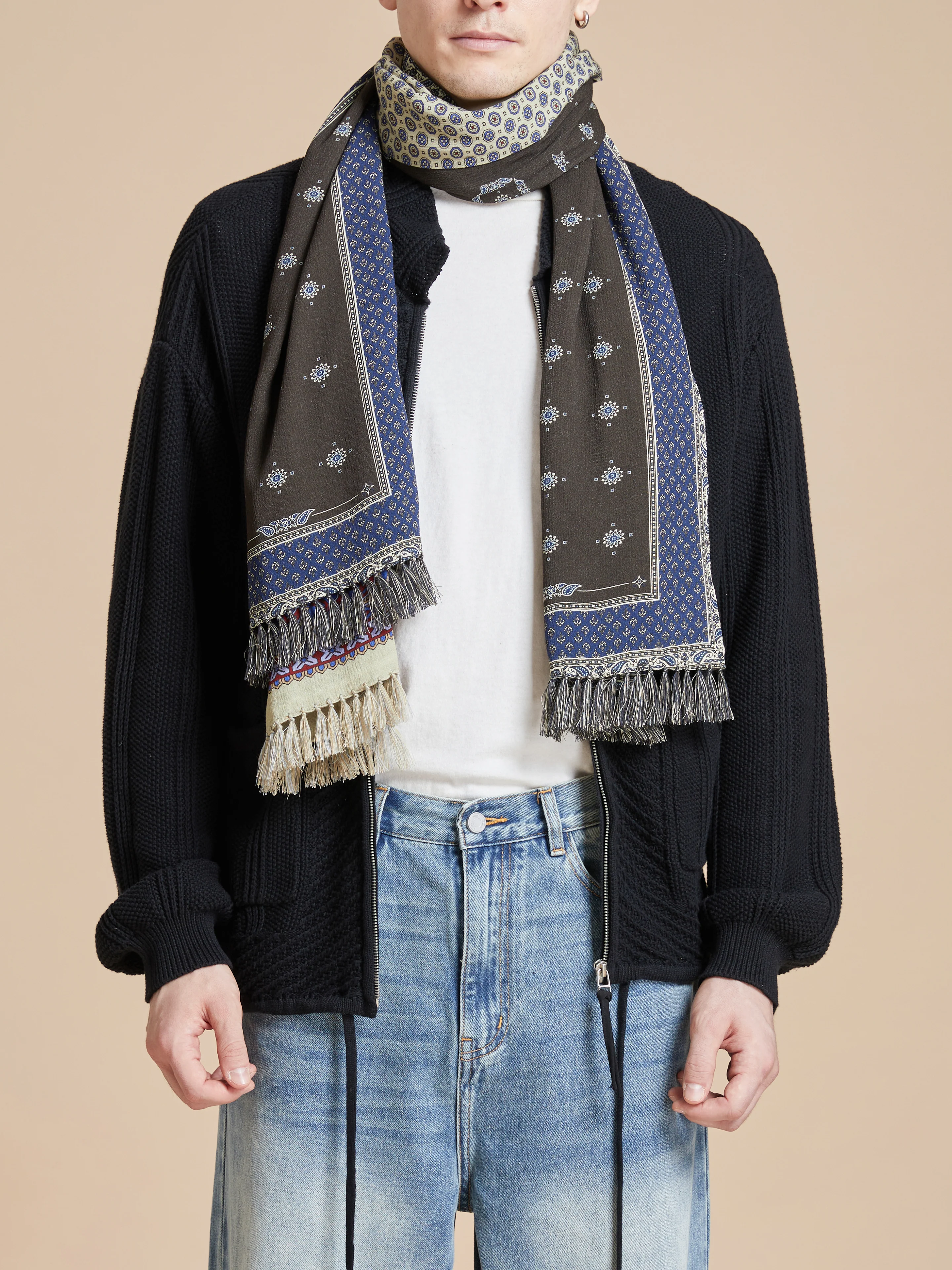 Black Royal Blue Print Scarf - Image 4