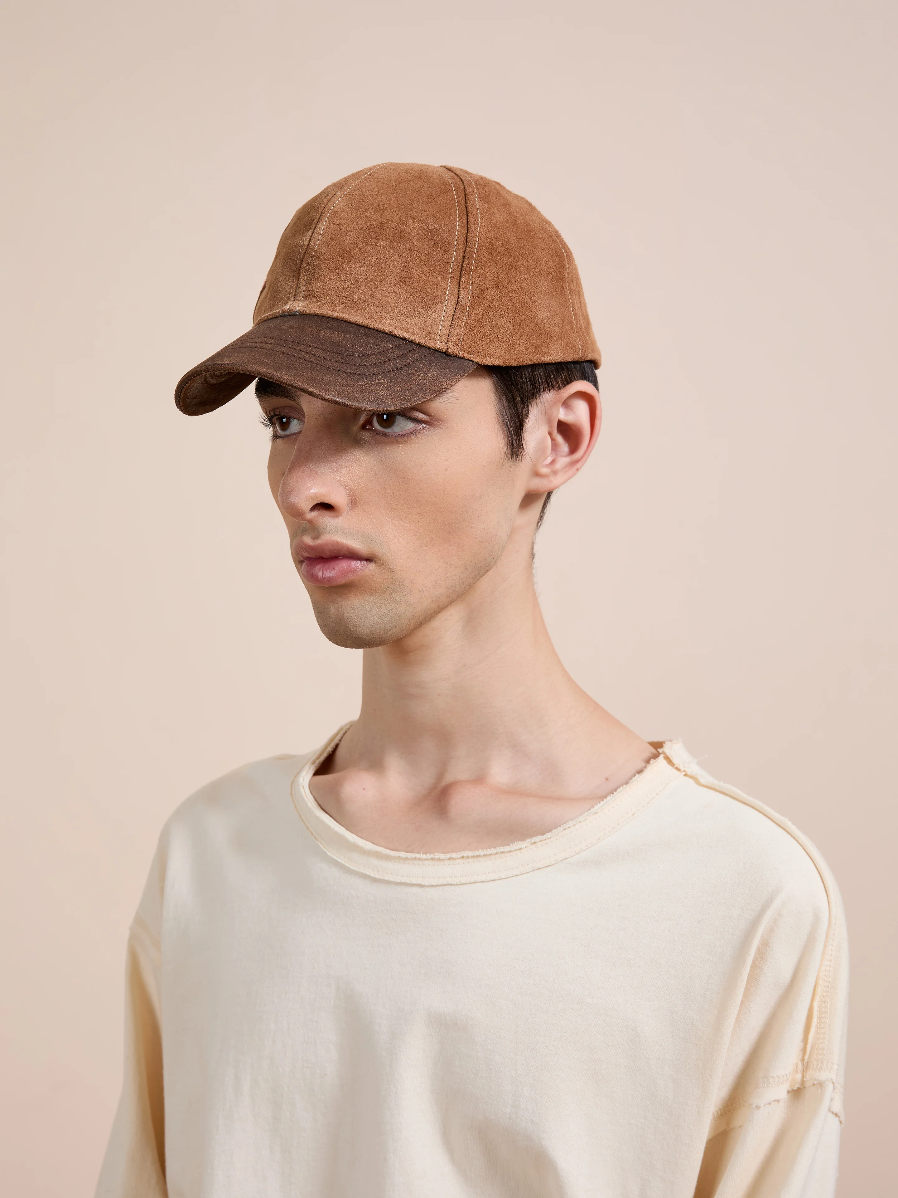 Suede Leather Contrast Distressed Cap - Image 4