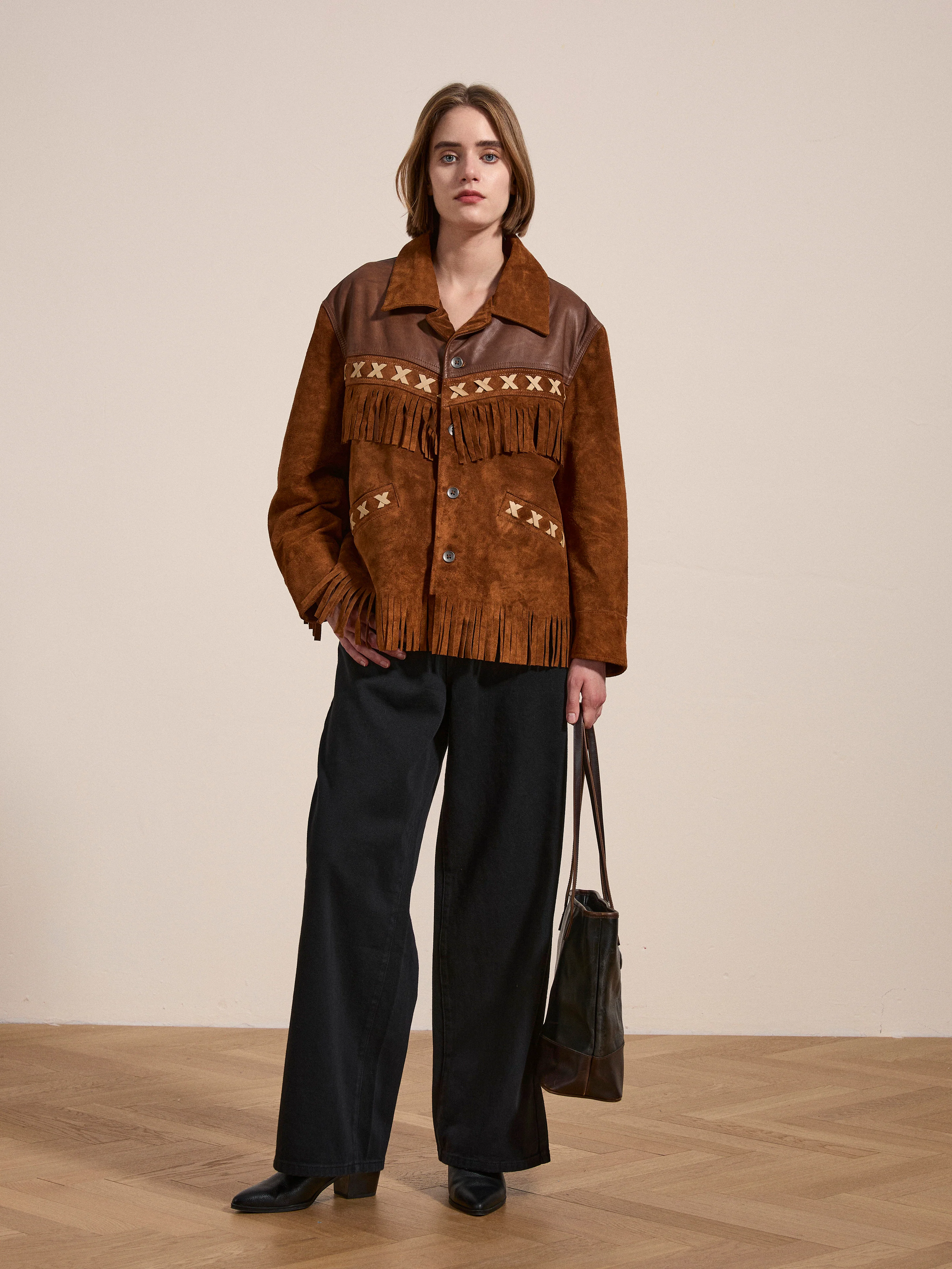 Two-tone Western Fringe Suede Leather Jacket - Image 8