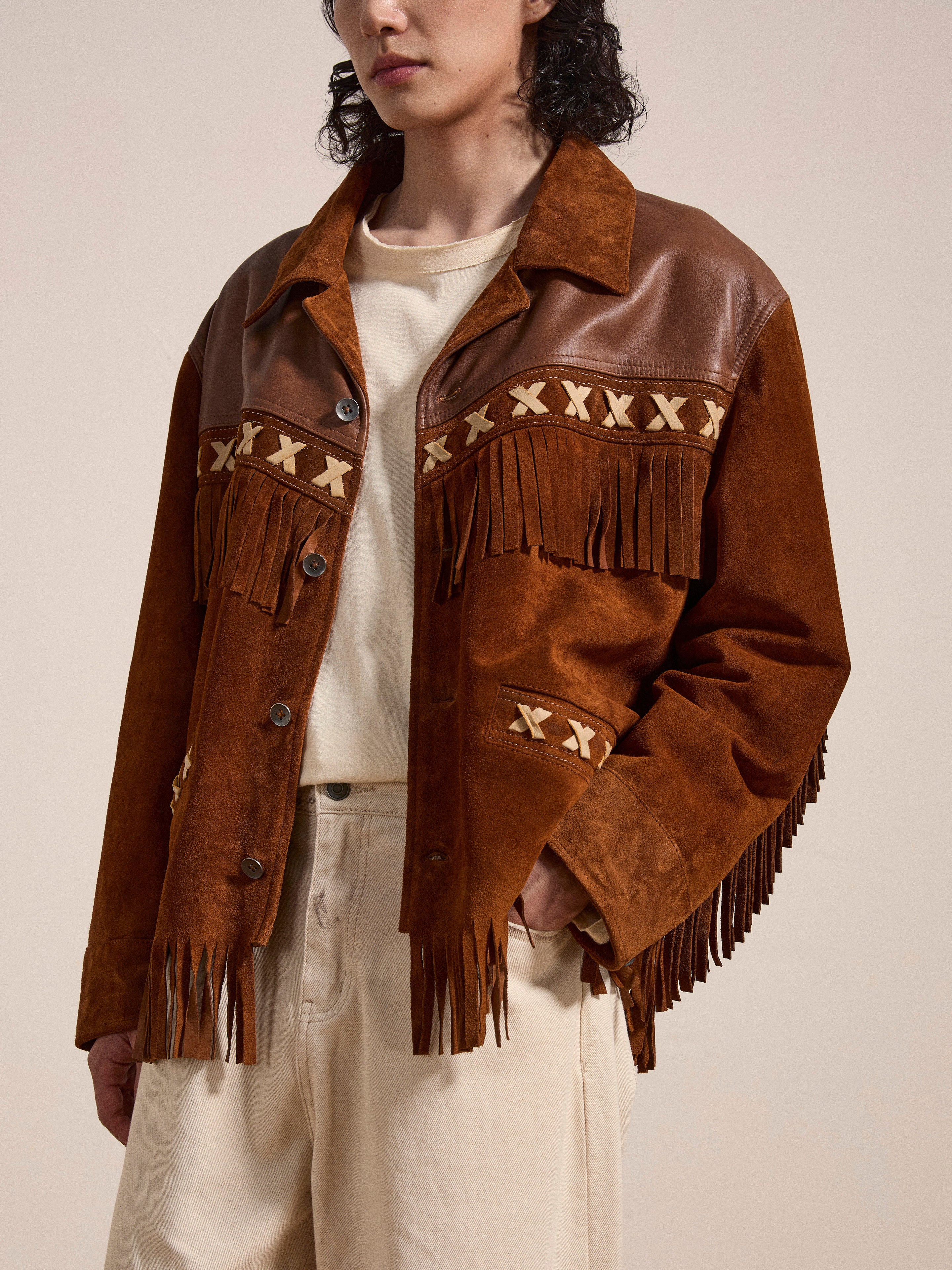 Two-tone Western Fringe Suede Leather Jacket - Image 9